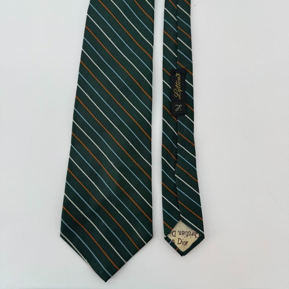Vintage Christian Dior Tie Striped Silk Green Orange Diagonal Pattern